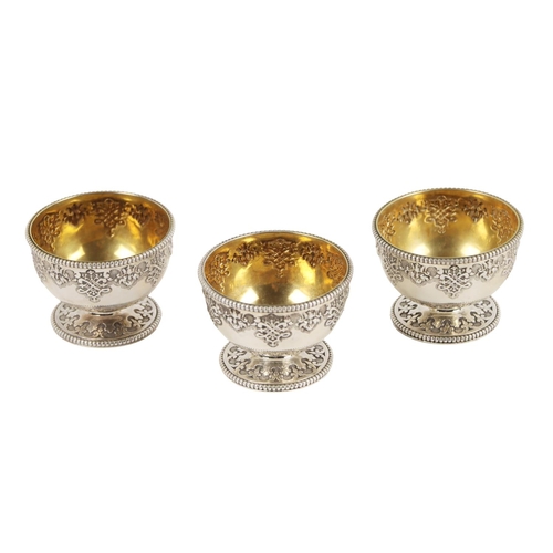 143 - A set of three attractive Victorian English small circular Bowls or Salts, each with gilded interior... 