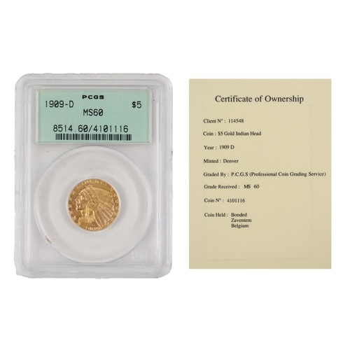 168 - Gold Coin: A 1909 D (Denver) $5 dollar Indian Head Coin, grade MS60 (4101116) in graded case (with p... 