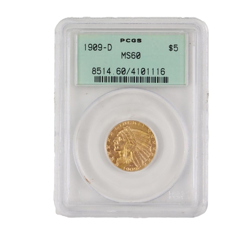 168 - Gold Coin: A 1909 D (Denver) $5 dollar Indian Head Coin, grade MS60 (4101116) in graded case (with p... 