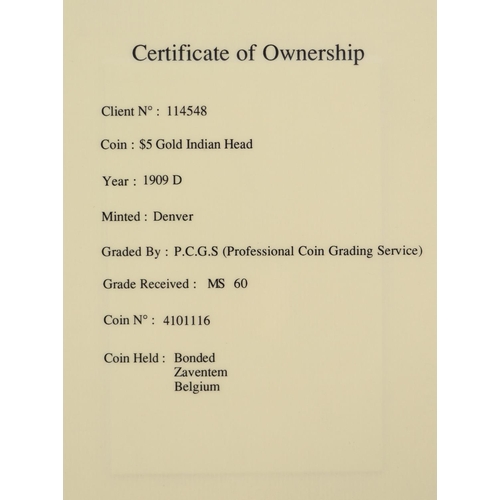 168 - Gold Coin: A 1909 D (Denver) $5 dollar Indian Head Coin, grade MS60 (4101116) in graded case (with p... 