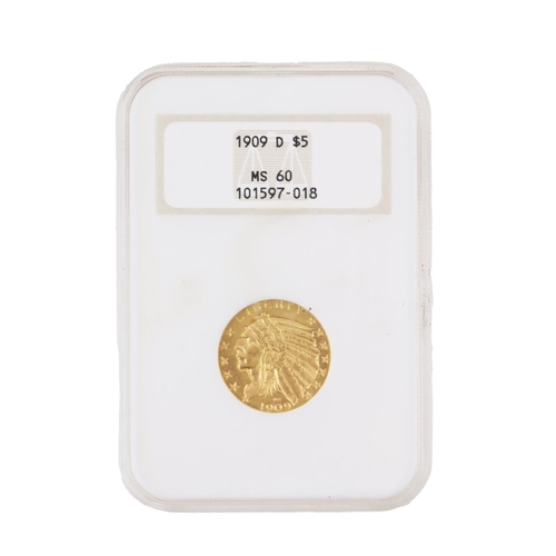 169 - Gold Coin: A 1909 D (Denver) $5 dollar gold Indian Head Coin, Grade MS60, coin number 101597-018, in... 