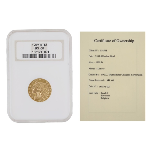 170 - Gold Coin: A 1909 D (Denver) $5 dollar gold Indian Head Coin, grade MS60 [102171-021] in graded case... 
