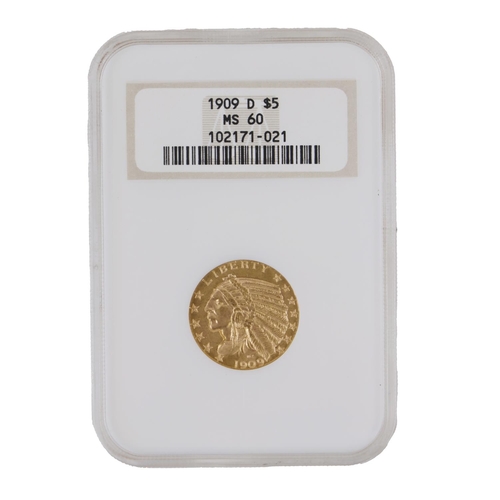 170 - Gold Coin: A 1909 D (Denver) $5 dollar gold Indian Head Coin, grade MS60 [102171-021] in graded case... 