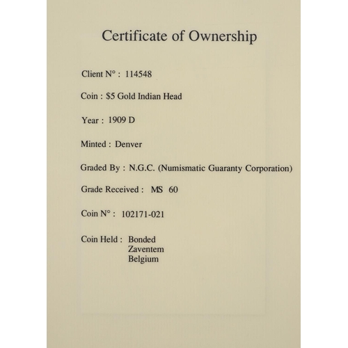 170 - Gold Coin: A 1909 D (Denver) $5 dollar gold Indian Head Coin, grade MS60 [102171-021] in graded case... 