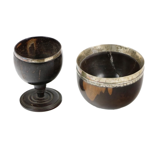 47 - An 18th Century silver mounted coconut Bowl, the top band inscribed 