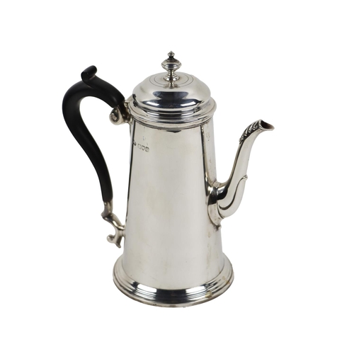 49 - A Georgian style English silver Coffee Pot, with domed hinged lid with ornate finial and ebonised ha... 