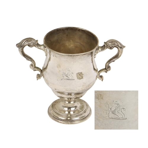 156 - An early Irish Georgian period silver two handled Cup, with engraved crest of rampant lion, scroll h... 