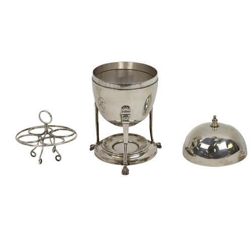 157 - An Edwardian English silver domed top Egg Coddler, with removable lid on triform base with heating p... 