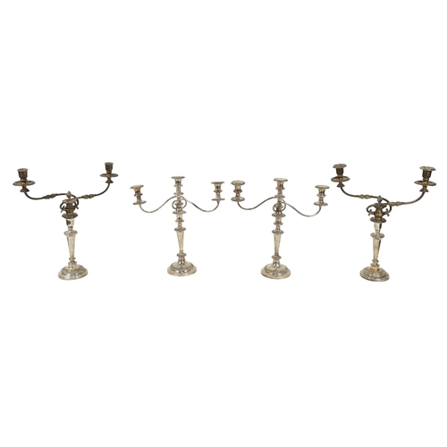 158 - A pair of Victorian silver plated Kings pattern design three-branch Candelabra, with scroll arms on ... 