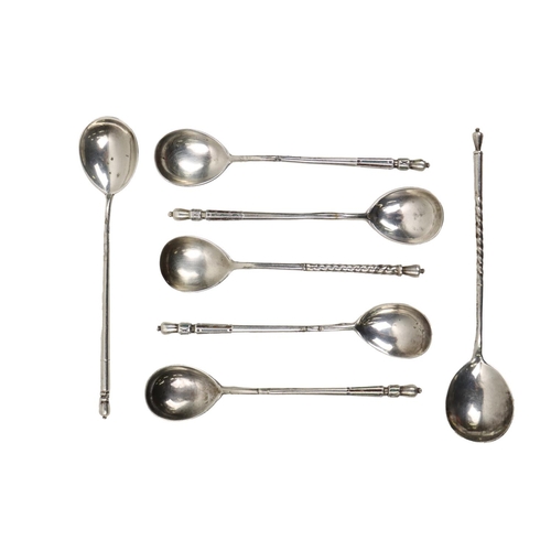 159 - A group of 7 rare 20th Century Russian (Moscow) silver Spoons, of variant designs, with turned and t... 