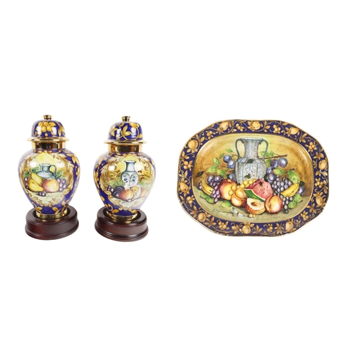 1203 - An attractive pair of Italian fruit decorated Urns & Covers, by Batiquani of Italy, approx. 30cm... 