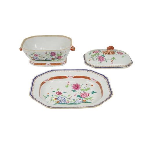 1229 - A 19th Century Chinese floral decorated octagonal shaped Tureen and Cover, en-suite with matching Di... 