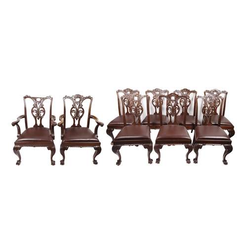 1201 - A set of 10 (8 + 2) Georgian style Dining Chairs, with carved and pierced decorated splat backs, abo... 