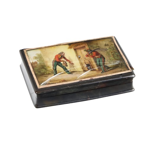 1274 - A 19th Century rectangular tortoiseshell Box, with inset original watercolour panel, depicting two m... 