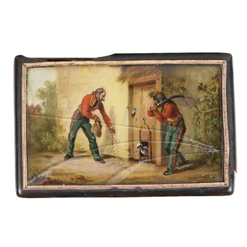 1274 - A 19th Century rectangular tortoiseshell Box, with inset original watercolour panel, depicting two m... 