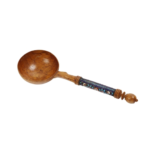 1272 - A rare early 20th Century Russian Karelian Birch Spoon, with floral champleve handle by Nikolay Zver... 
