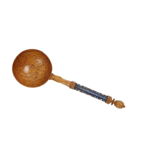1272 - A rare early 20th Century Russian Karelian Birch Spoon, with floral champleve handle by Nikolay Zver... 