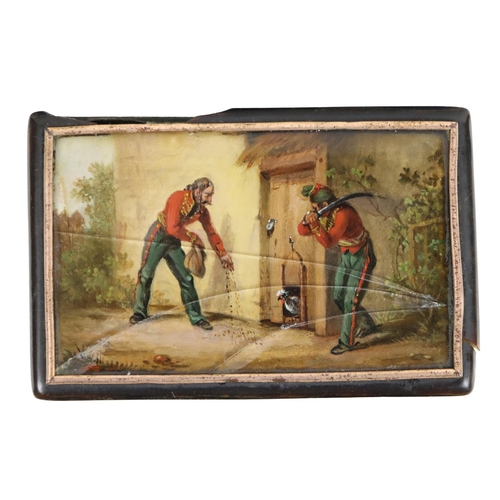 1274 - A 19th Century rectangular tortoiseshell Box, with inset original watercolour panel, depicting two m... 