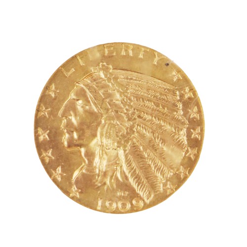 169 - Gold Coin: A 1909 D (Denver) $5 dollar gold Indian Head Coin, Grade MS60, coin number 101597-018, in... 