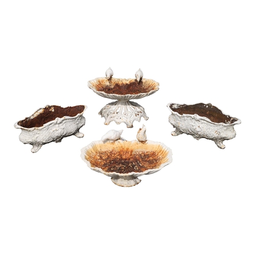 15 - A pair of cast iron Victorian Bird Baths, modelled as shells with bird figures surmounted, each 51cm... 