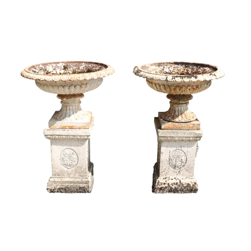 29 - A pair of fine quality Victorian cast iron Urns on stands, with egg n' dart moulded rims, shaped upr... 