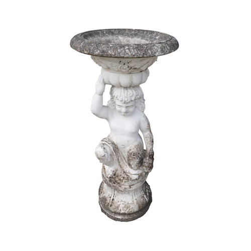 49 - A pair of large attractive figural marble Urns, the shallow circular shaped bowls held aloft by knee... 
