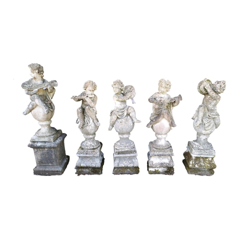 61 - A set of 5 attractive sandstone Cherub Figures, playing musical instruments, on turned pillar with a... 