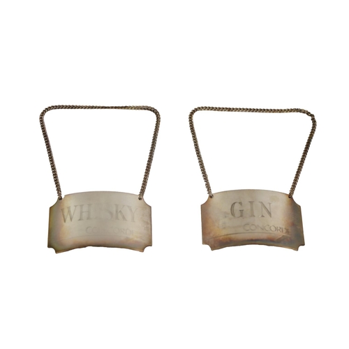 54 - A cased set of Concorde Whiskey & Gin silver Drinks Labels, with link chain suspension, hallmark... 