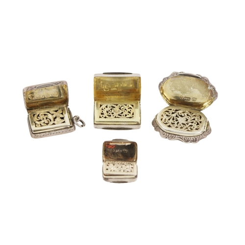 60 - A group of four attractive etched and variant shaped English Victorian Vinaigrettes,&nbsp;each with ... 
