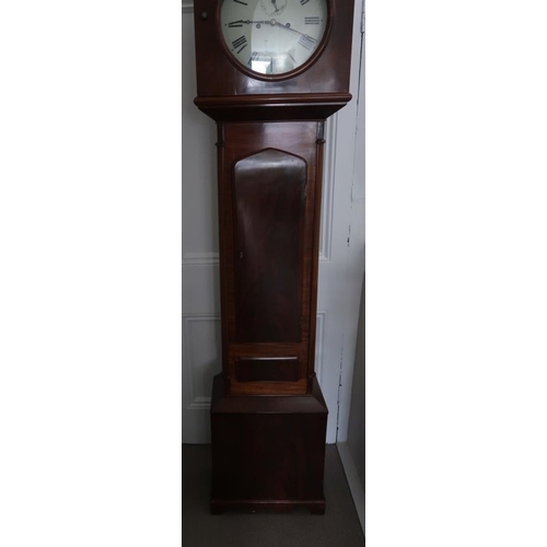 2 - A Victorian mahogany cased longcase clock, arched hood enclosing enamel face, the plain trunk on rai... 