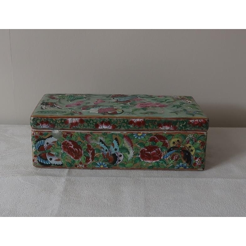 43 - A famille rose rectangular box, sectioned interior and detachable lid, 10.5 cms high, 19 cms long, 9... 