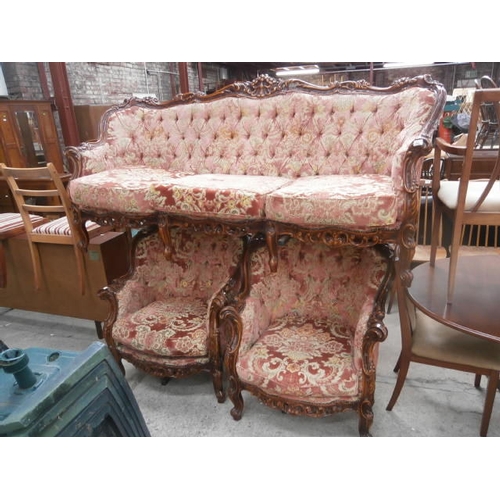 482 - Ornate continental style three seater sofa and matching armchairs