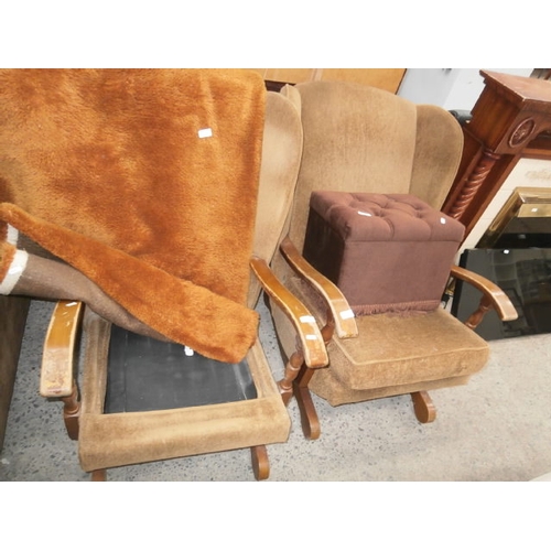 436 - Pair of vintage rocking chairs ( minus one cushion) , rug and footstool