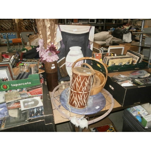 124 - Lot inc vase, wicker baskets, dream catcher and painting on board