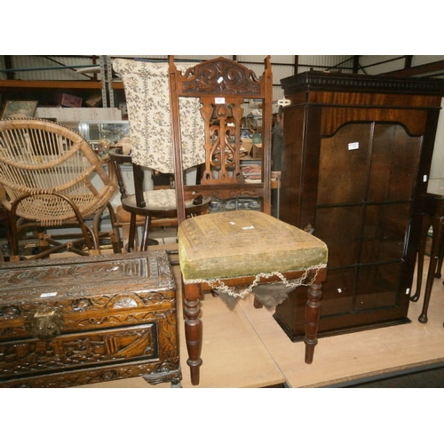 155 - Vintage mahogany high back chair with fabric covered seat