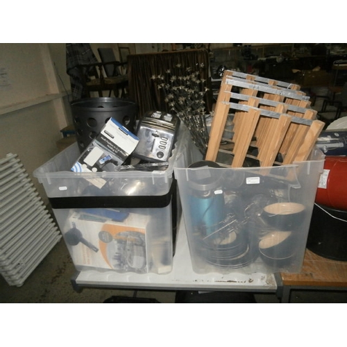 106 - 2 boxes inc pots and pans, plastic bins, coffee machine, crockery, lamps, etc