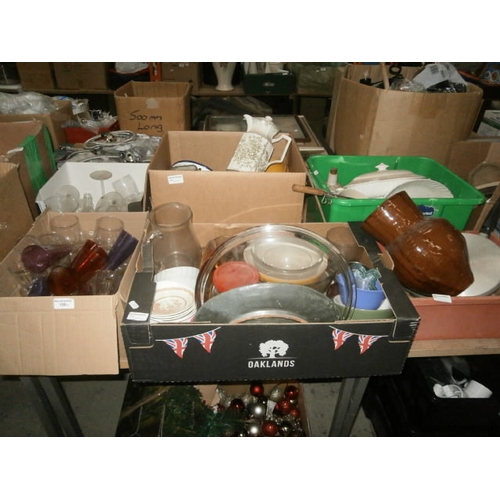 135 - 6 boxes inc coloured glassware, stoneware vase, mixing bowls, jug, etc