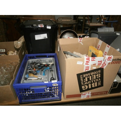 157 - Lot inc cutlery, lift lid bin, mop bucket, paint, frying pans, etc