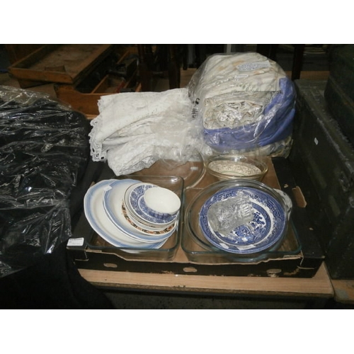 160 - Lot inc blue and white pottery, casserole dishes, net curtains, etc