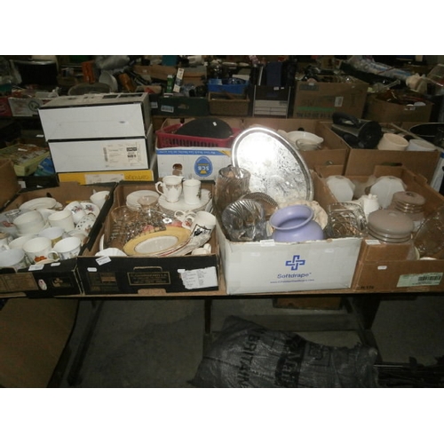 61 - 4 boxes inc bone china, ornaments, cut glass vases, glass lampshades, etc