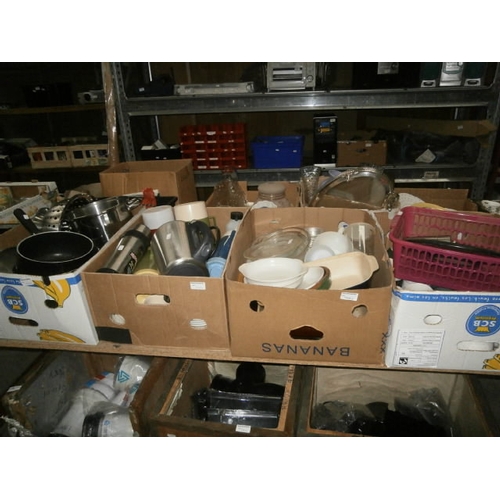 72 - 4 boxes inc flasks, casserole dishes, pots and pans, mugs, etc