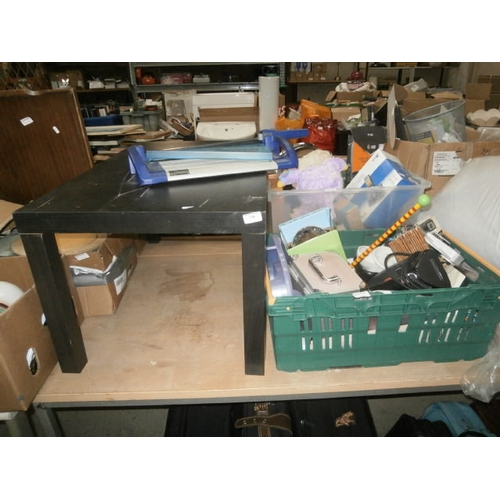 138 - Lot inc table, paper cutter, soft toys, makeup case, iron, etc