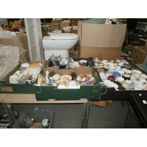 140 - Five boxes inc cups, decorative plates, ornaments, watering cans, etc