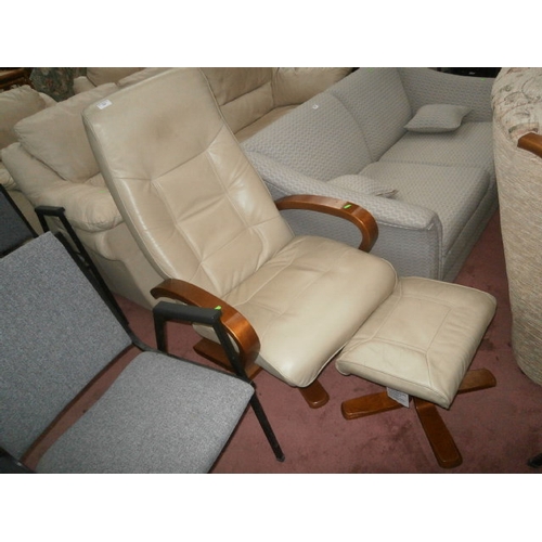 543 - Wood framed cream leather swivel chair with matching stool