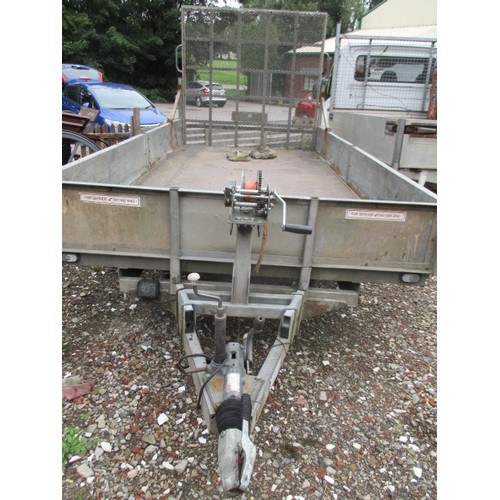 33 - Indespension 14ft twin axle drop side trailer with loading ramp and winch attachment.