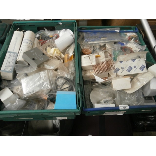 127 - Two boxes of electronic hardware, etc