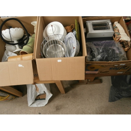 129 - Three boxes inc toaster, crockery, vases, etc