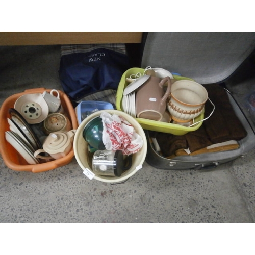 135 - Lot inc crockery, curtains, fabric shopping trolley, etc