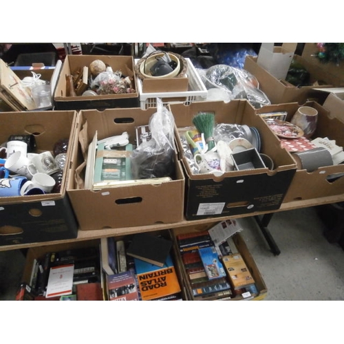 140 - Four boxes inc mugs, wigs, placemats, ceramic pots, etc