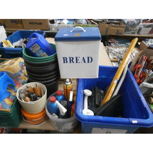 144 - Lot inc maintenance chemicals, plastic bins, bread bin, etc